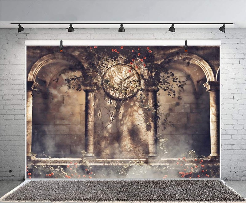 Laeacco Retro Clock Gothic Backdrop 10x8ft Vinyl Photography Background Rose Ivy Arch Architecture Building Stone Wall Fantasy Scene Wedding Parties Backdrops - Image 4